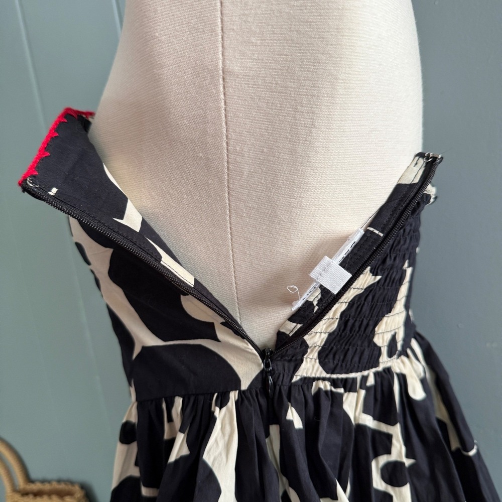 Bel Kazan Strapless Smocked Midi Dress Black Cream Geometric Abstract Boho Sz M - Picture 2 of 13
